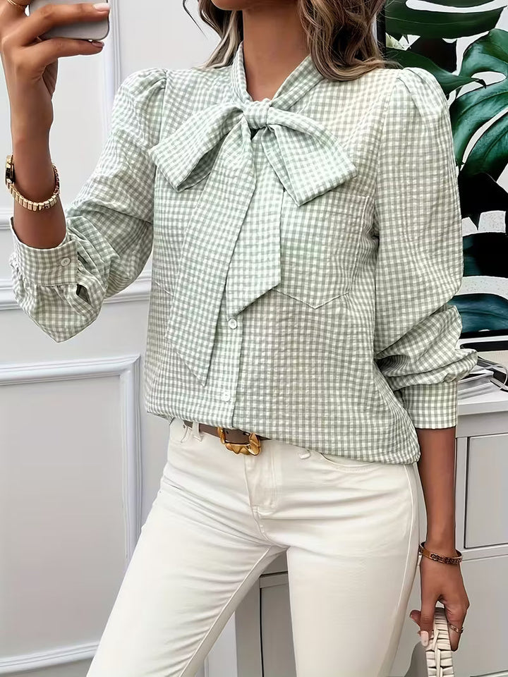 Tayla™ | Elegant Gingham Check Bow Tie Blouse