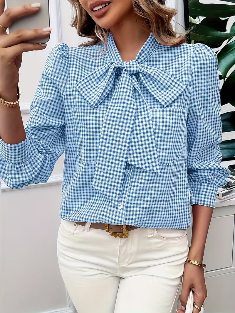 Tayla™ | Elegant Gingham Check Bow Tie Blouse