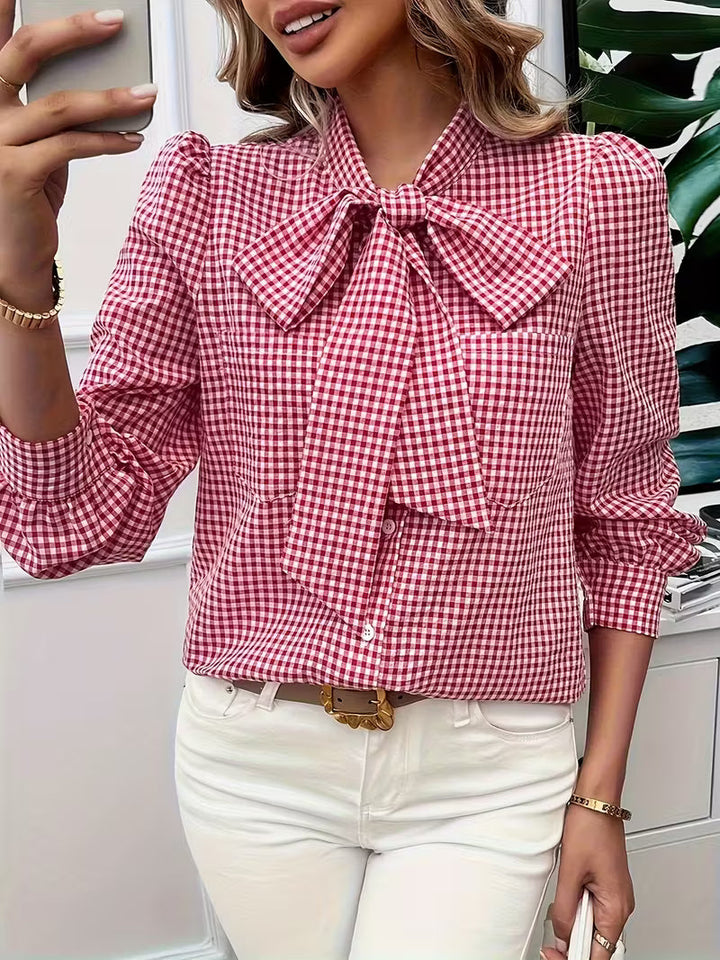 Tayla™ | Elegant Gingham Check Bow Tie Blouse