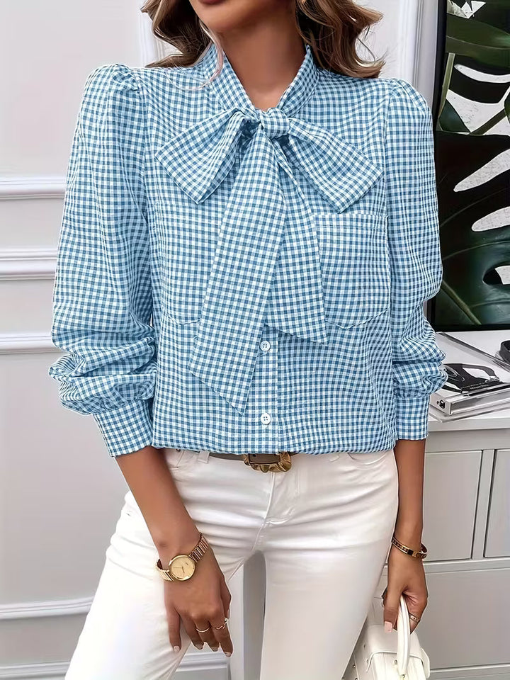 Tayla™ | Elegant Gingham Check Bow Tie Blouse