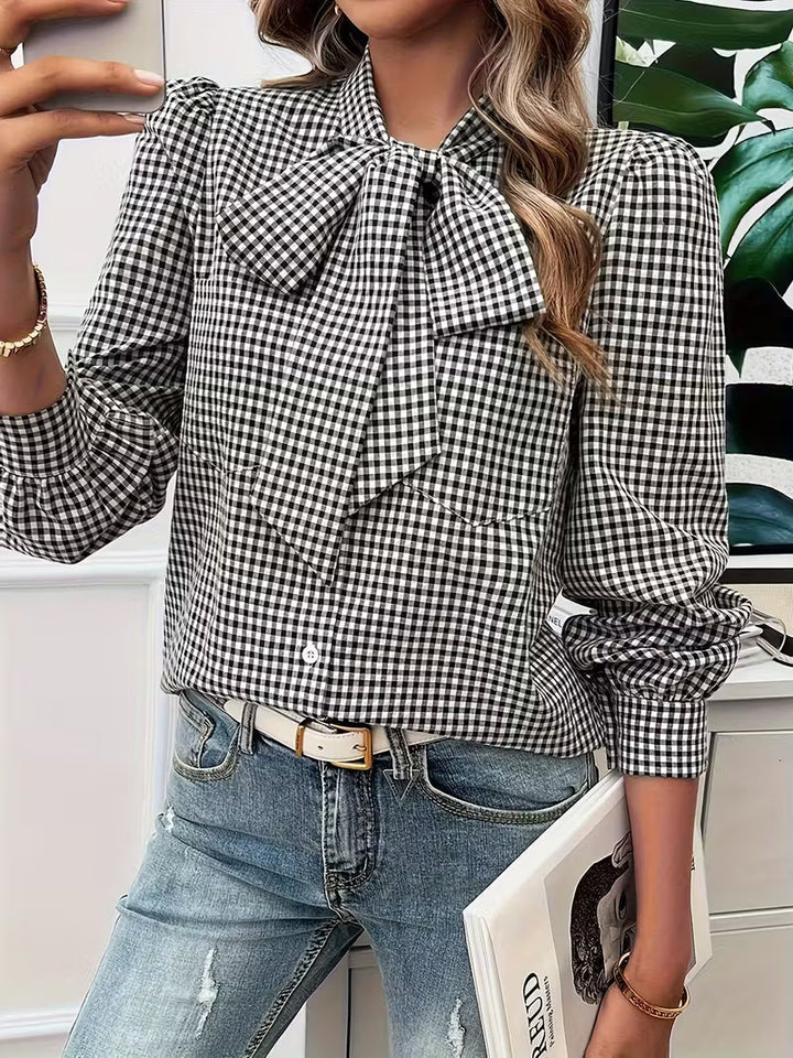 Tayla™ | Elegant Gingham Check Bow Tie Blouse