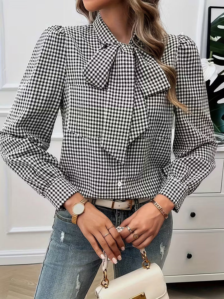 Tayla™ | Elegant Gingham Check Bow Tie Blouse
